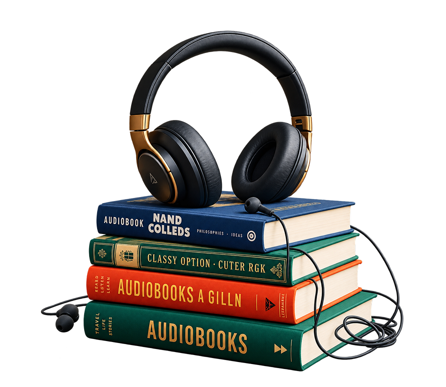 Headphones resting on a stack of audiobooks