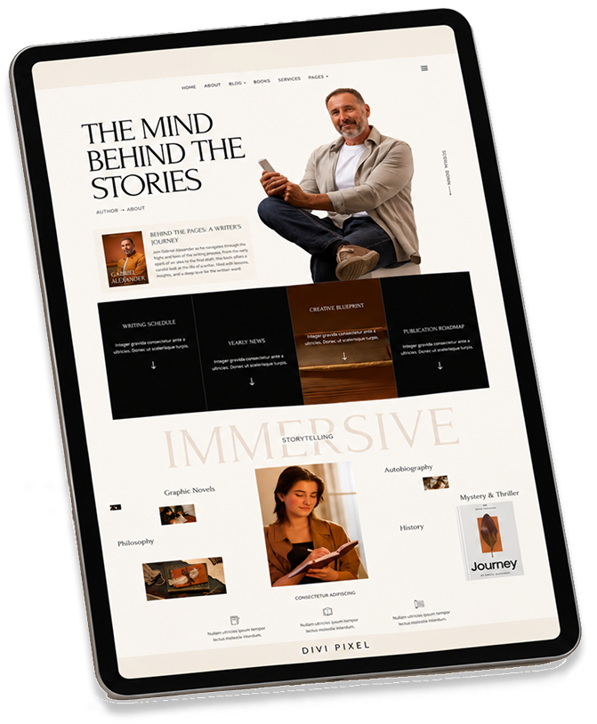 Author profile website preview on a tablet