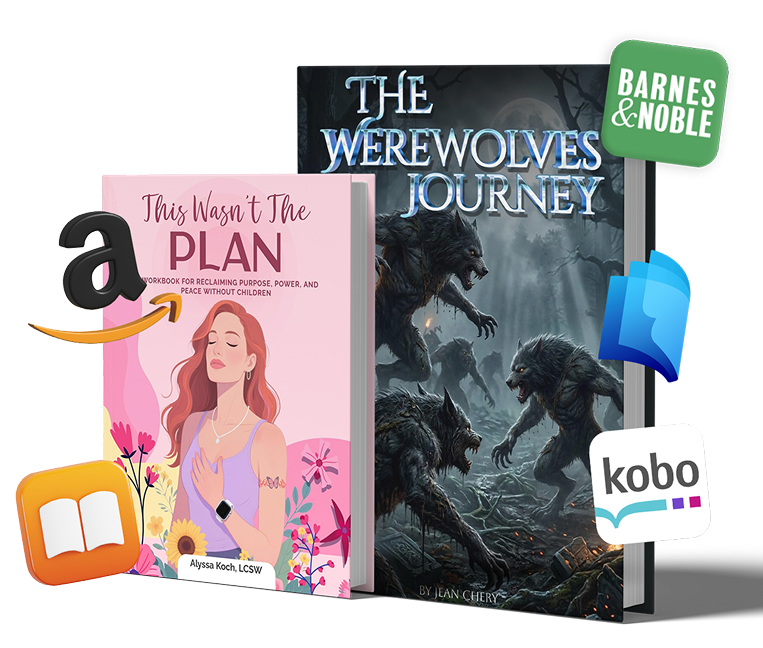 Published book covers with Amazon, Barnes & Noble, Apple Books, and Kobo distribution logos