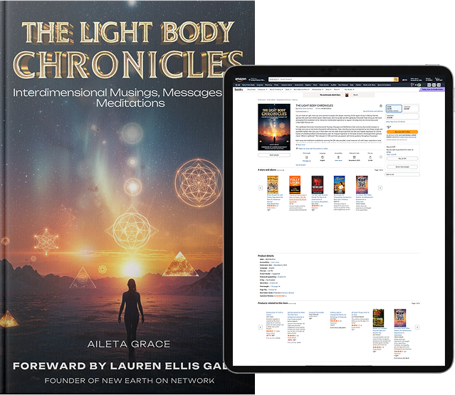 The Light Body Chronicles book cover shown with its Amazon listing on a tablet