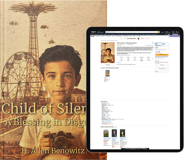 Child of Silence: A Blessing in Disguise book cover shown with its Amazon listing on a tablet