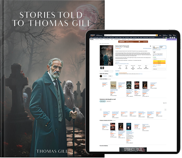 Stories Told to Thomas Gill book cover shown with its Amazon listing on a tablet